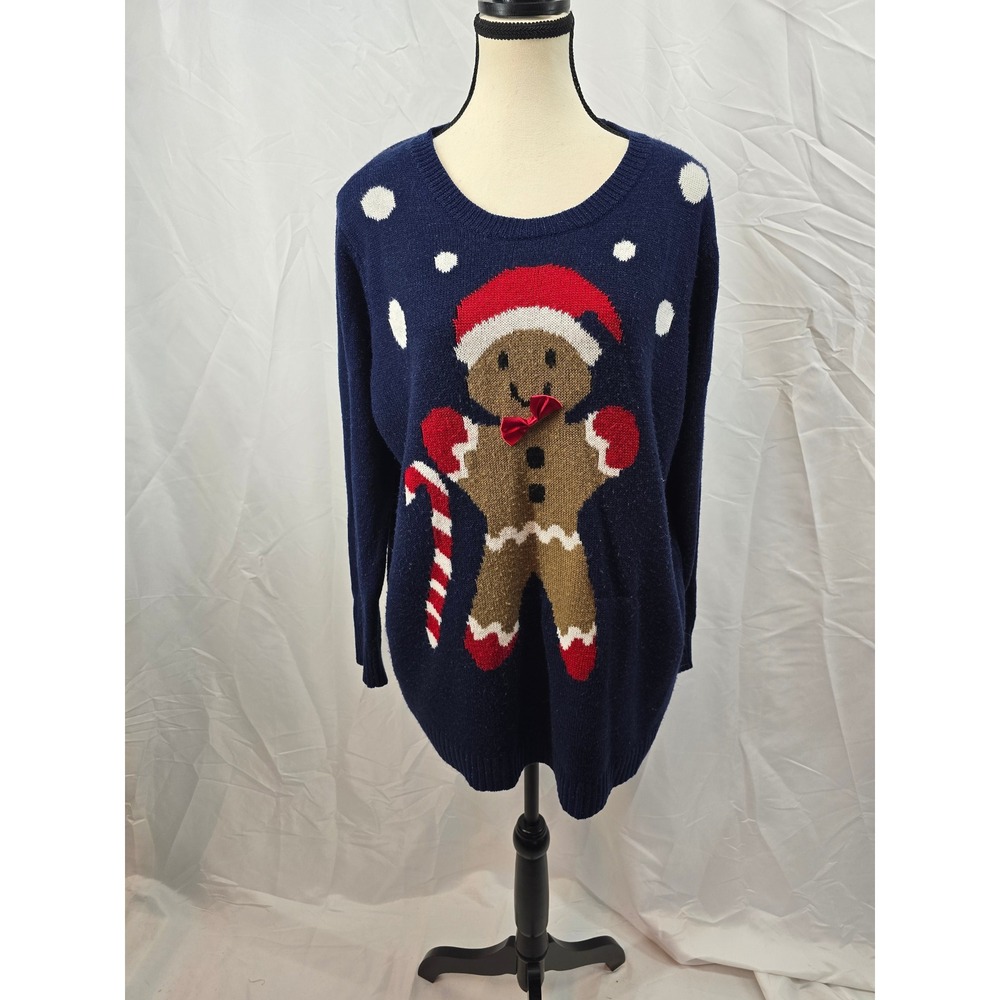 Holiday Time Womens‎ Christmas Gingerbread Man Candy Cane Navy Blue Sweater XXL